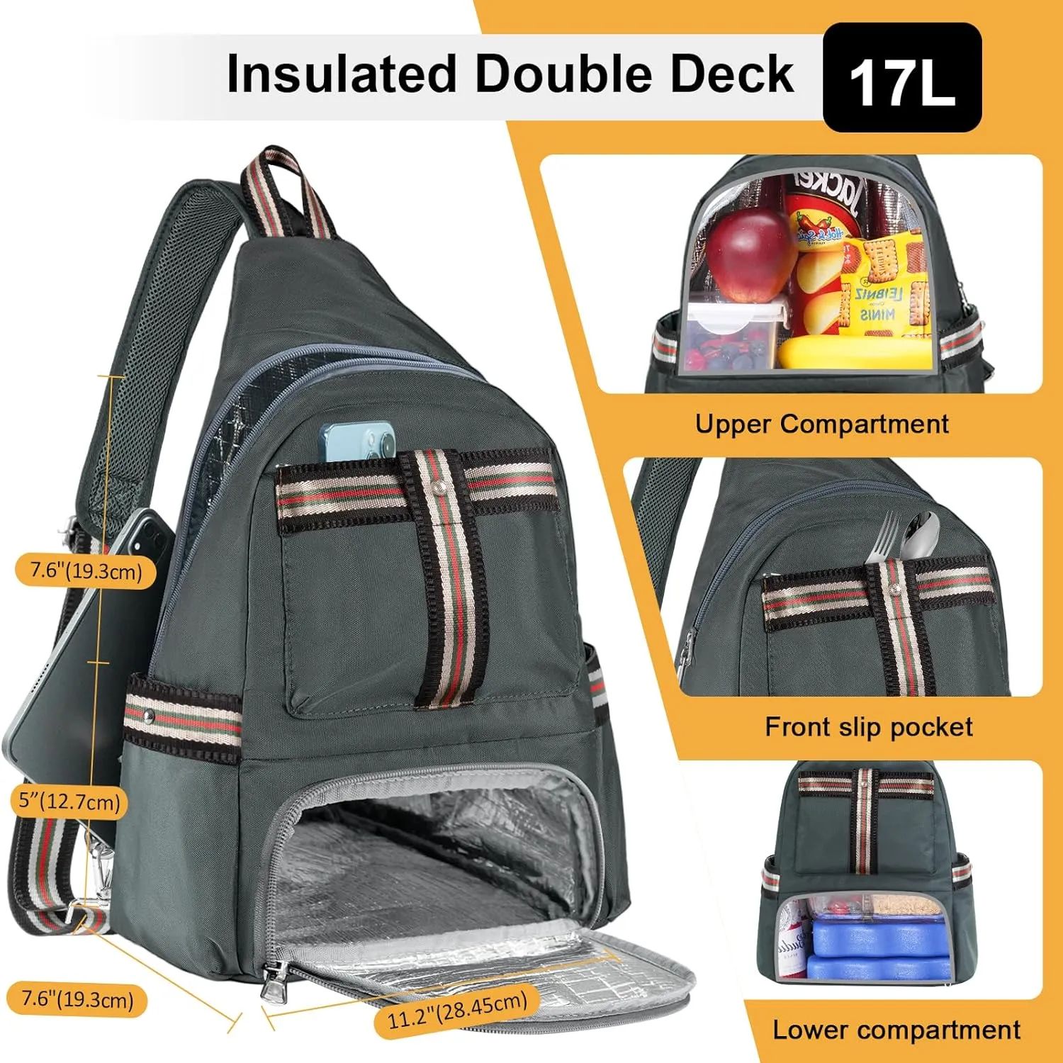 Crossbody Lunch Backpack, Double Deck Insulated Lunch Box for Men Women Adult, Leakproof Lunchbox with Side Pokets for iPad, Large Cooler Bag for Work Office Hiking Beach Picnic, Grey-Pro