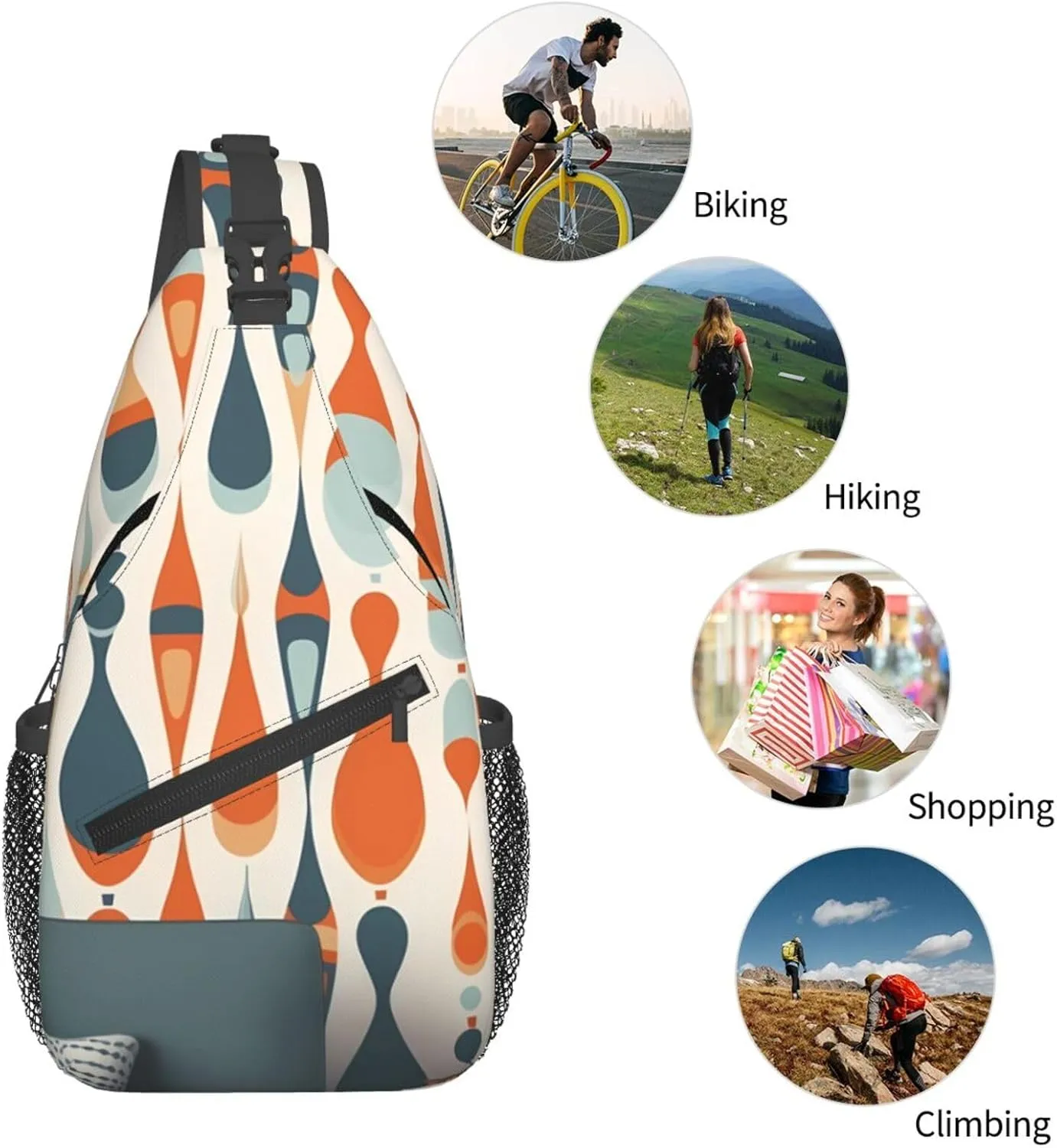 Crossbody Sling Backpack Sling Bag For Men Women Cross Chest Bag Shoulder Bag Mid Century Modern Retro With Drop Shapes Travel Hiking Daypack