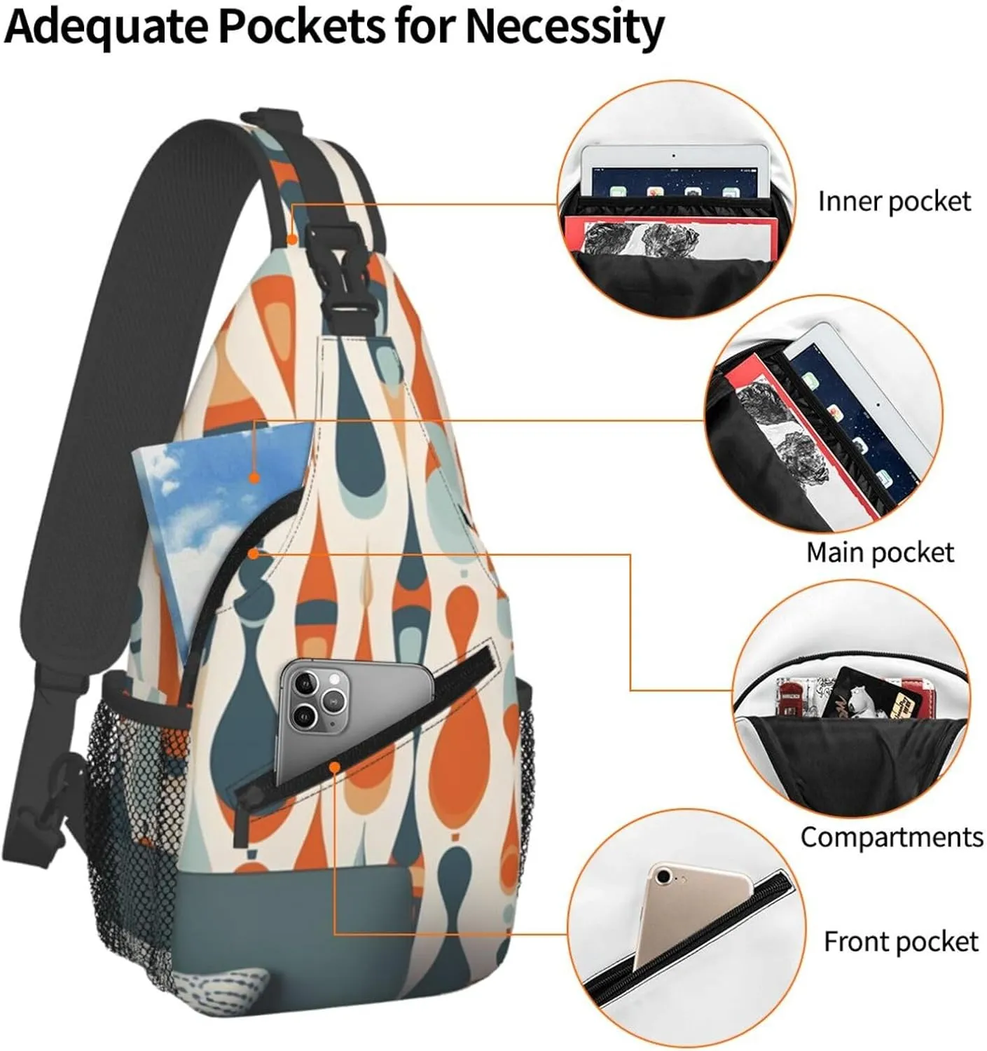 Crossbody Sling Backpack Sling Bag For Men Women Cross Chest Bag Shoulder Bag Mid Century Modern Retro With Drop Shapes Travel Hiking Daypack