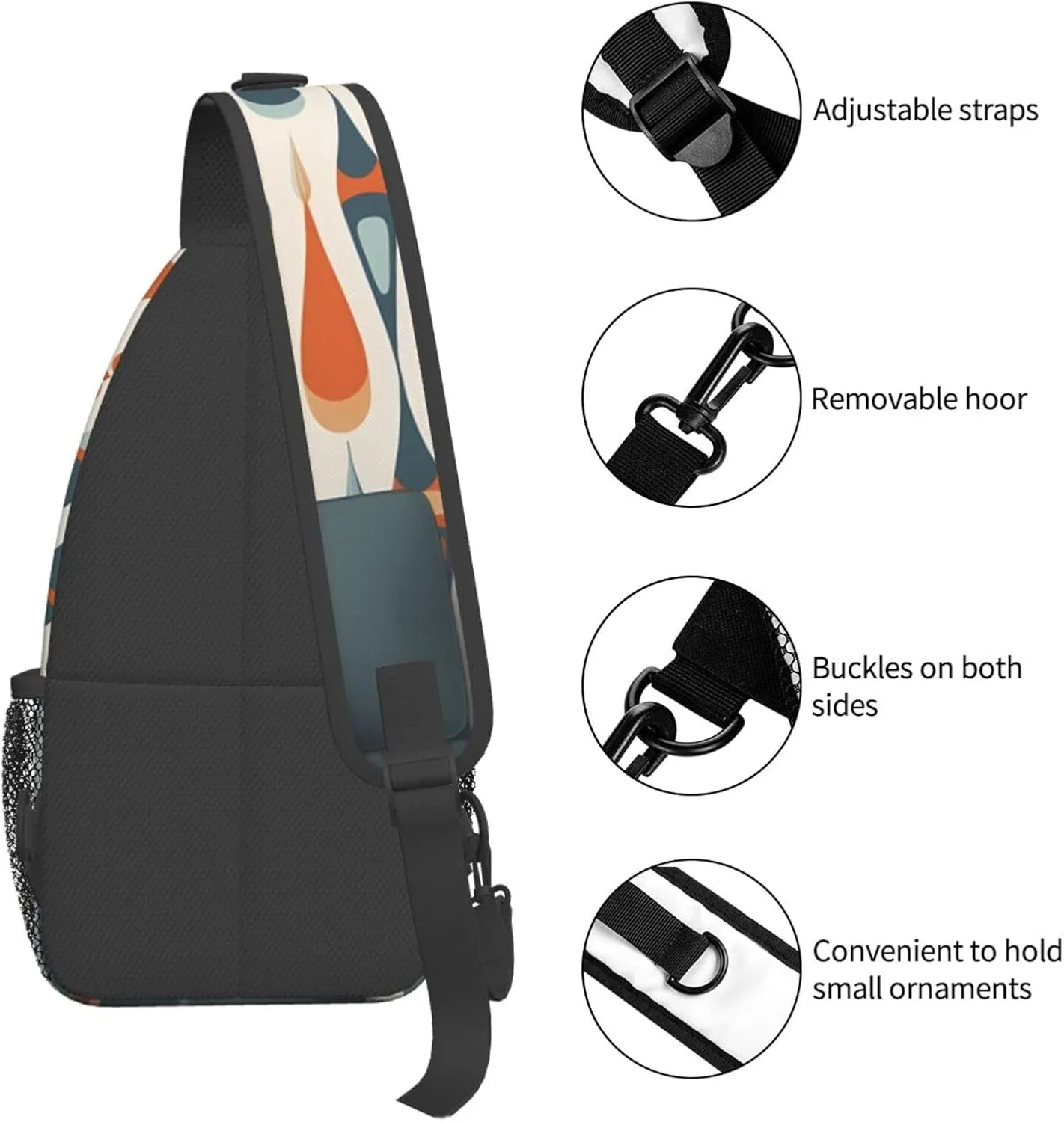 Crossbody Sling Backpack Sling Bag For Men Women Cross Chest Bag Shoulder Bag Mid Century Modern Retro With Drop Shapes Travel Hiking Daypack