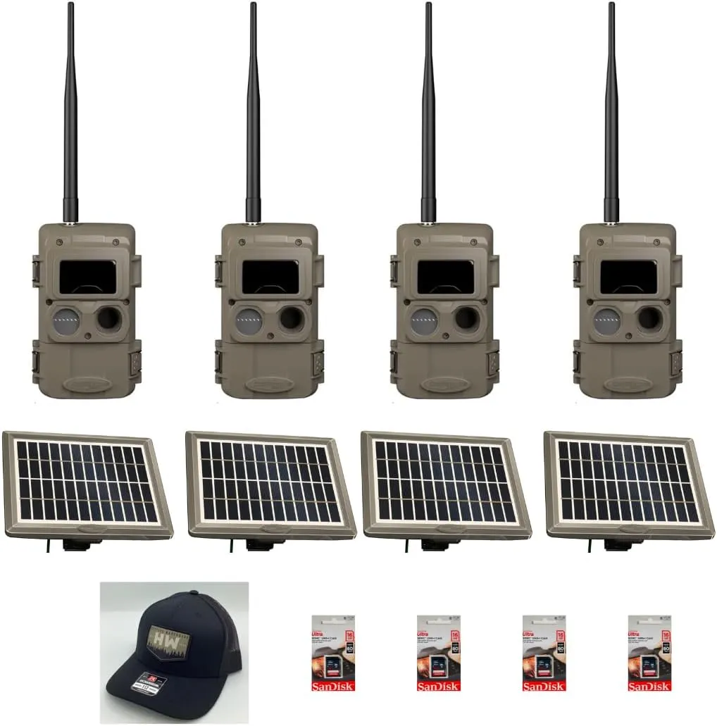Cuddeback 4 Long Range IR Cameras L Series 4 Solar Power Banks Models PW-3600 4 16GB SD Cards and 1 Hunters Warehouse Hat New