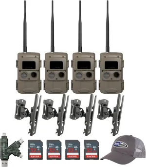 Cuddeback CuddeLink Wireless Trail Camera System - 3rd Gen Sensor for Wildlife Monitoring - Fast Trigger Speeds Bundle with Pan Tilt Lock Mount, 32 GB Memory Cards, Hat and Card Reader (4-Pack)