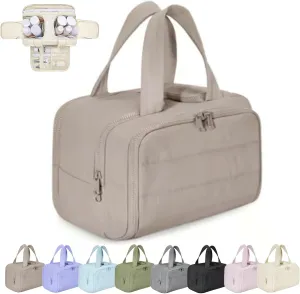Cureaway Travel Bag, Curetoaway Large Capacity Wide-Open Travel Cosmetic Bag, Waterproof Portable,with 4 Compartments and Handle (Khaki)