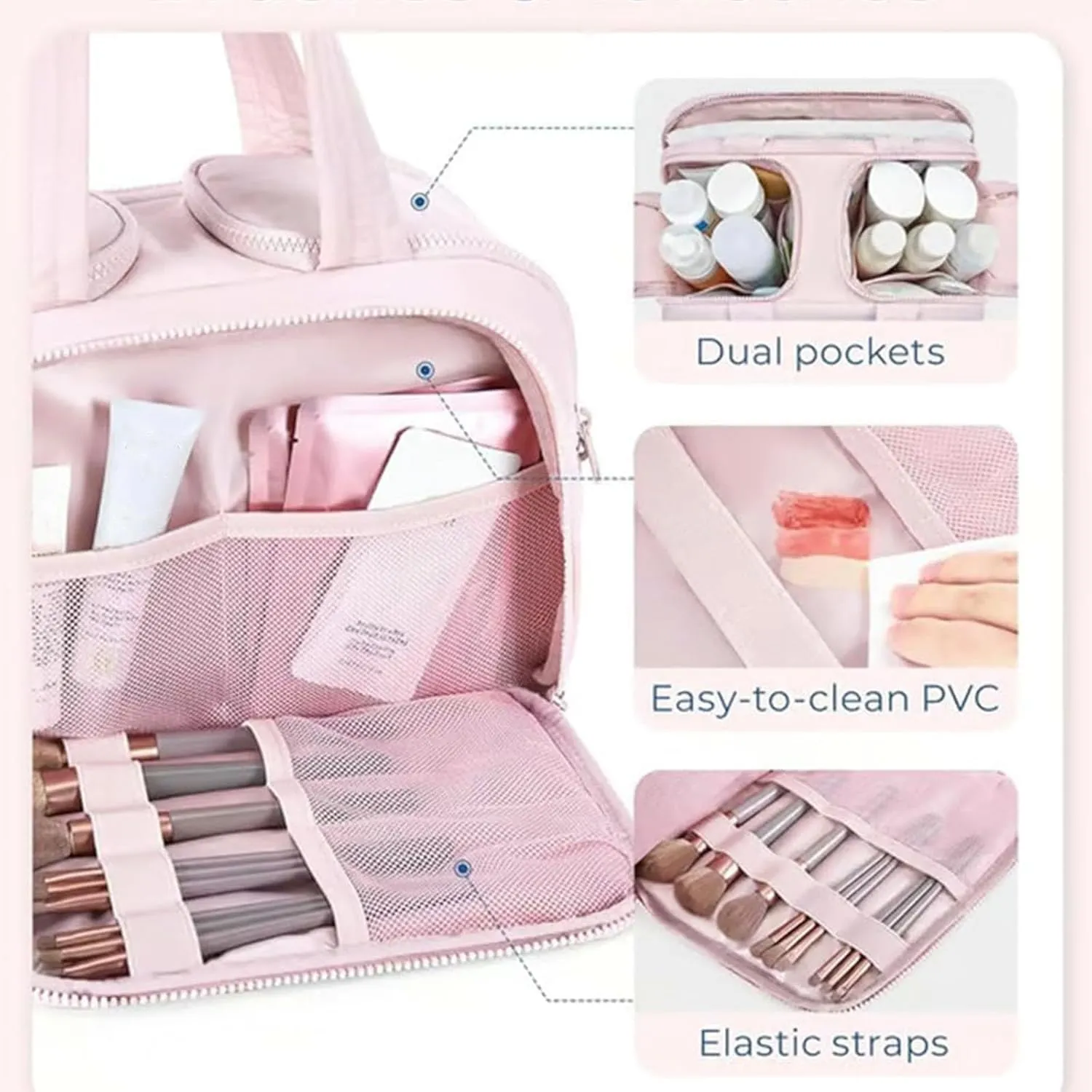 Cureaway Travel Bag, Curetoaway Large Capacity Wide-Open Travel Cosmetic Bag, Waterproof Portable,with 4 Compartments and Handle (Khaki)