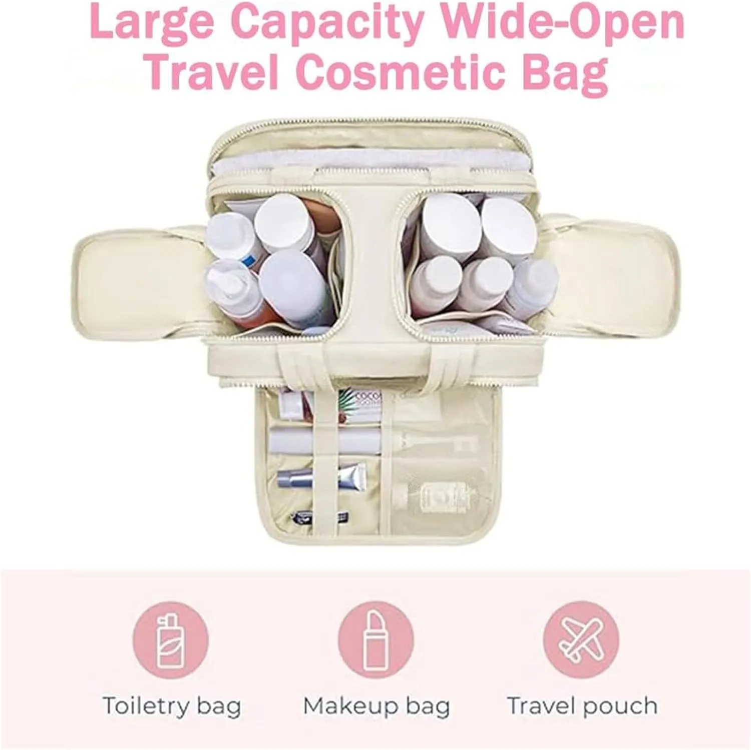 Cureaway Travel Bag, Curetoaway Large Capacity Wide-Open Travel Cosmetic Bag, Waterproof Portable,with 4 Compartments and Handle (Khaki)
