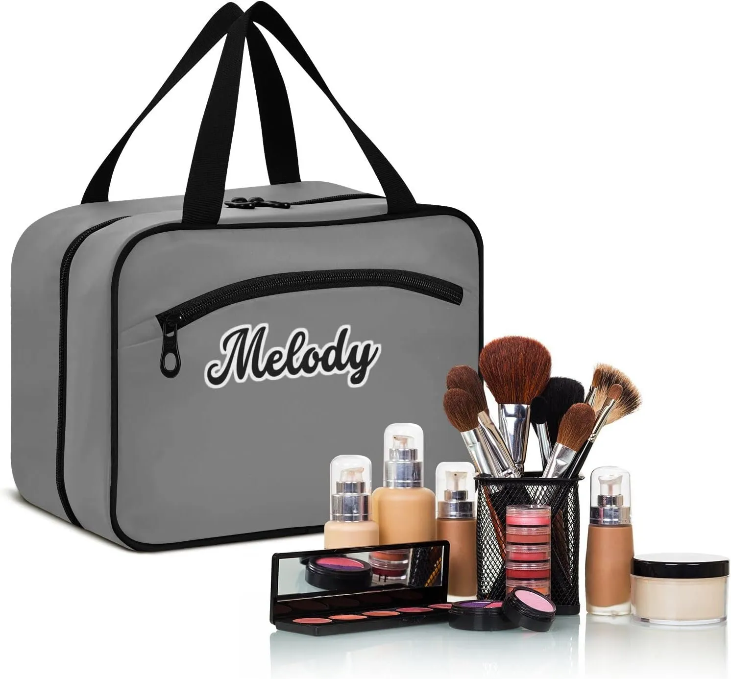 Custom Grey Hanging Cosmetic Bags for Women Personalized Travel Toiletry Bag Large Waterproof Cosmetic Holder Customized Travel Bathroom Bag for Luggage,M