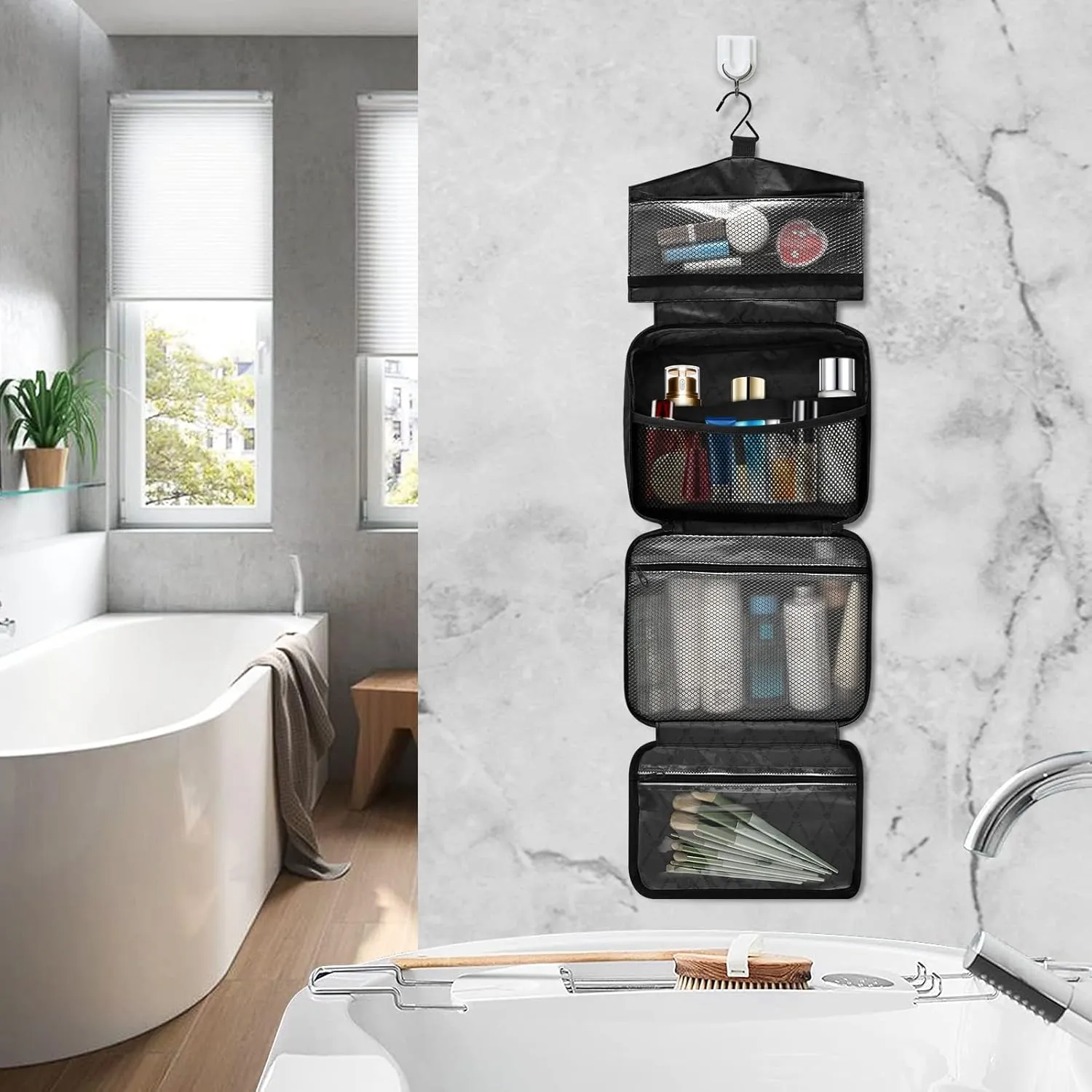 Custom Grey Hanging Cosmetic Bags for Women Personalized Travel Toiletry Bag Large Waterproof Cosmetic Holder Customized Travel Bathroom Bag for Luggage,M