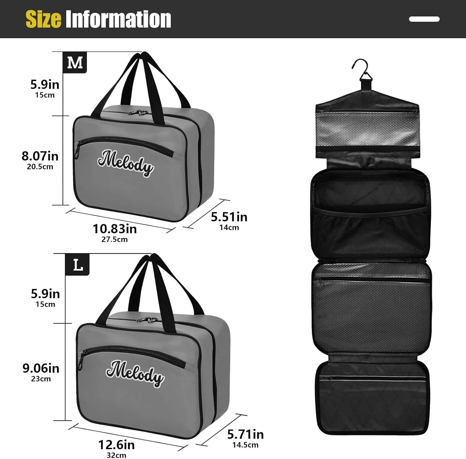 Custom Grey Hanging Cosmetic Bags for Women Personalized Travel Toiletry Bag Large Waterproof Cosmetic Holder Customized Travel Bathroom Bag for Luggage,M