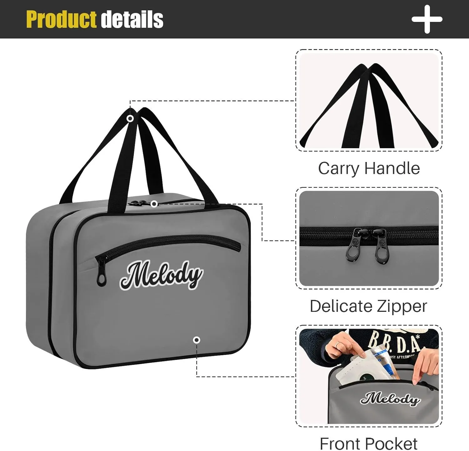 Custom Grey Hanging Cosmetic Bags for Women Personalized Travel Toiletry Bag Large Waterproof Cosmetic Holder Customized Travel Bathroom Bag for Luggage,M
