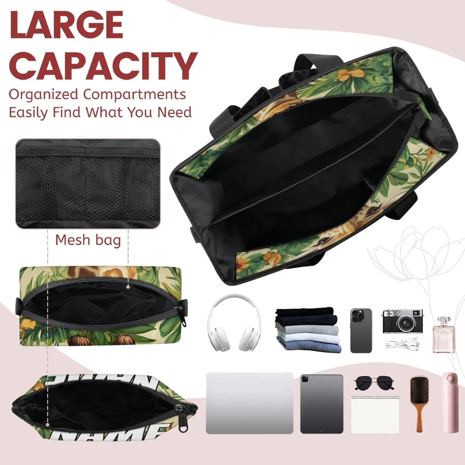 Custom Jungle Giraffe Travel Duffle Bags for Women Weekender Overnight Green Leaves Carry on Tote for Airplanes Business Hospital Gym with Toiletry Bag 3Pcs Set
