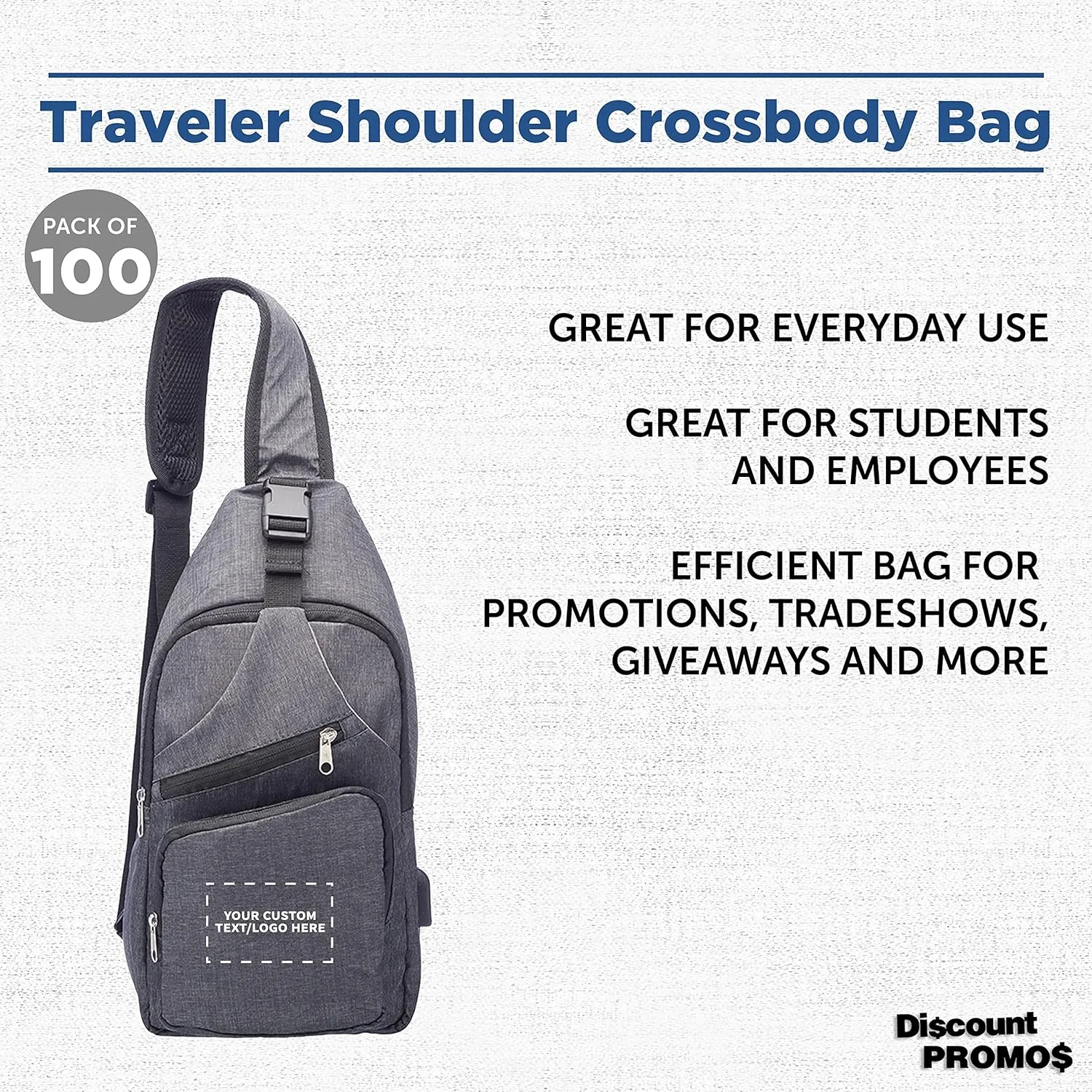 Custom Traveler Shoulder Crossbody Bag Set of 100, Personalized Bulk Pack - Perfect for Employees, and For Everyday Use - Black