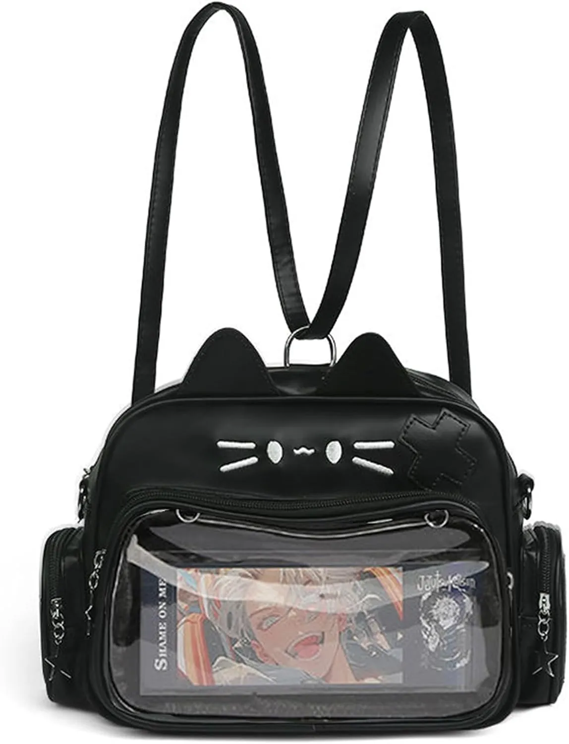 Cute Cat Ita Bag Pin Display Backpack for PU Preppy Backpack for Y2K girl’s Single Shoulder Crossbody(black CAT)