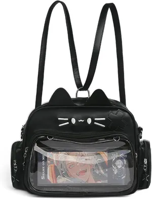 Cute Cat Ita Bag Pin Display Backpack for PU Preppy Backpack for Y2K girl’s Single Shoulder Crossbody(black CAT)