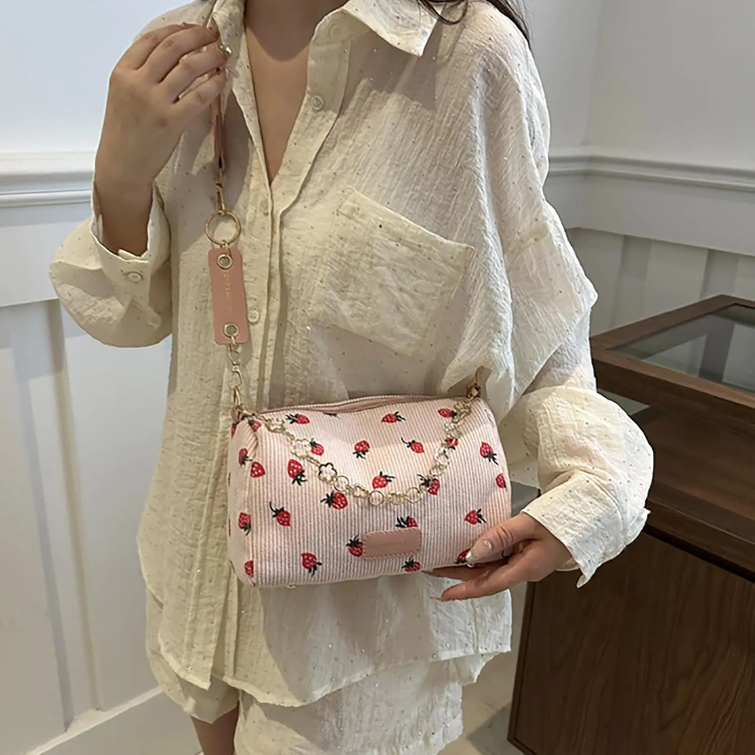 Cute Crossbody Bag for Women Strawberry Purse Corduroy Tote Bag Fashion Chain Aesthetic Handbags Travel Bags
