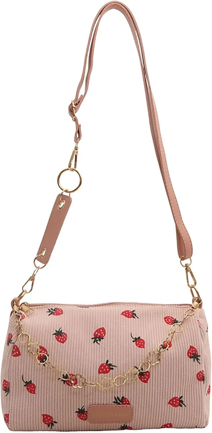 Cute Crossbody Bag for Women Strawberry Purse Corduroy Tote Bag Fashion Chain Aesthetic Handbags Travel Bags