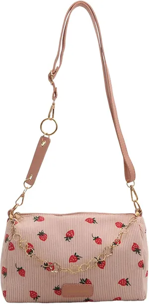 Cute Crossbody Bag for Women Strawberry Purse Corduroy Tote Bag Fashion Chain Aesthetic Handbags Travel Bags
