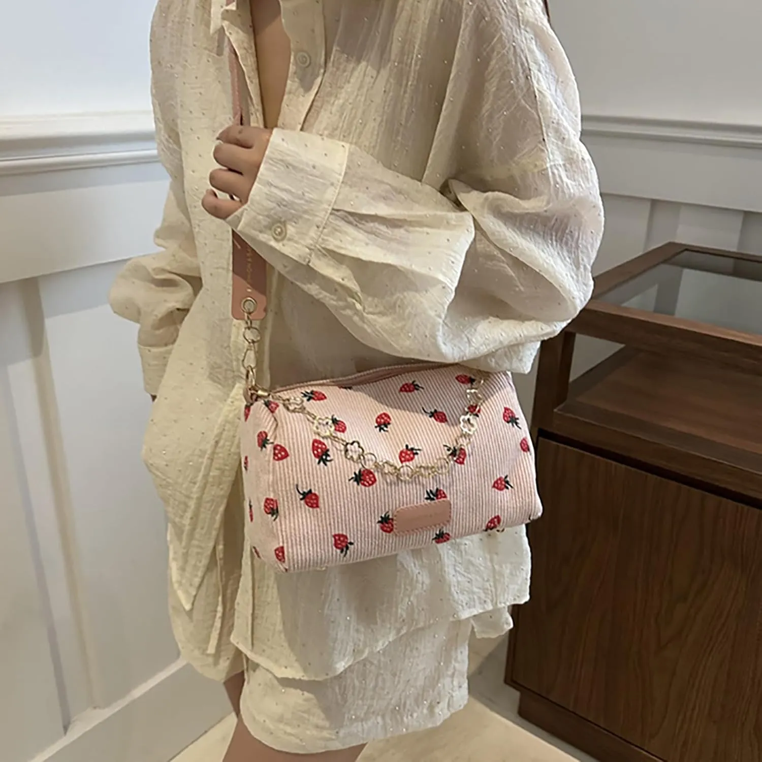 Cute Crossbody Bag for Women Strawberry Purse Corduroy Tote Bag Fashion Chain Aesthetic Handbags Travel Bags