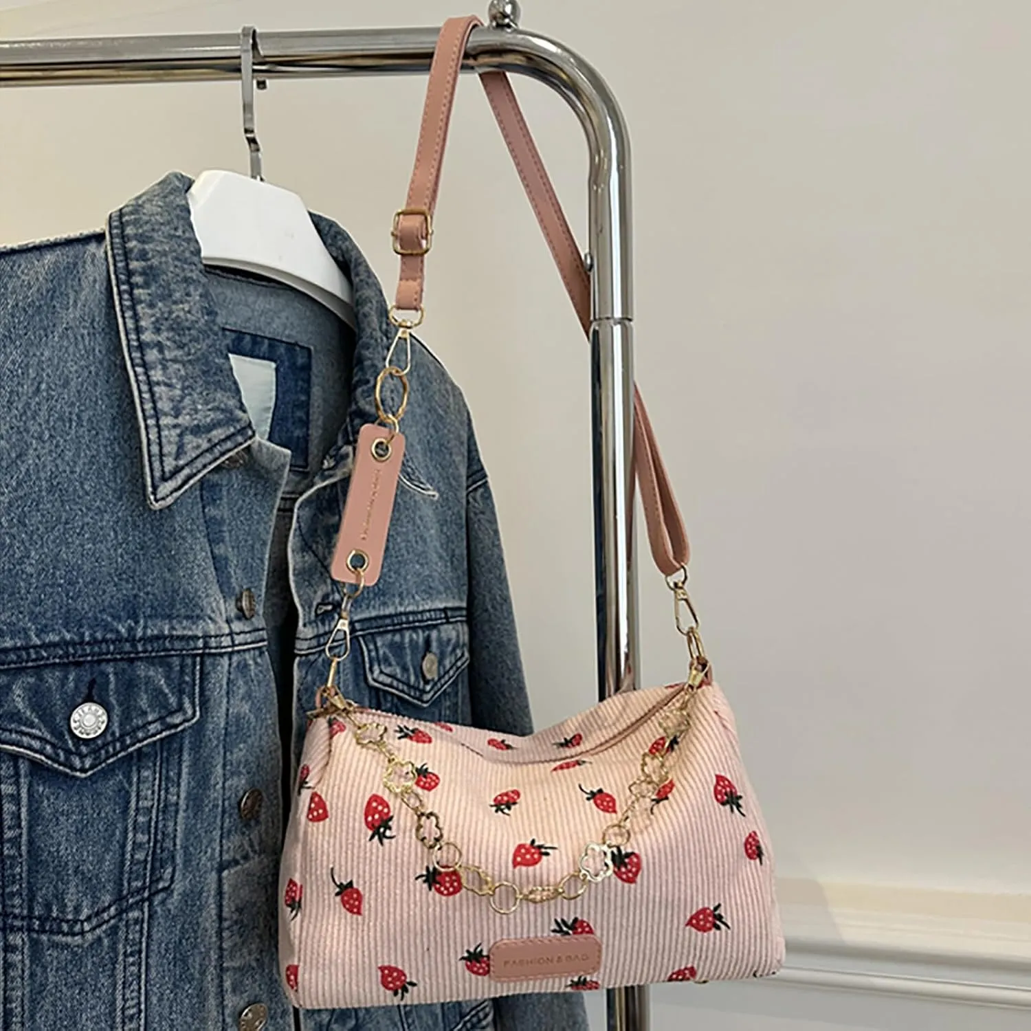 Cute Crossbody Bag for Women Strawberry Purse Corduroy Tote Bag Fashion Chain Aesthetic Handbags Travel Bags