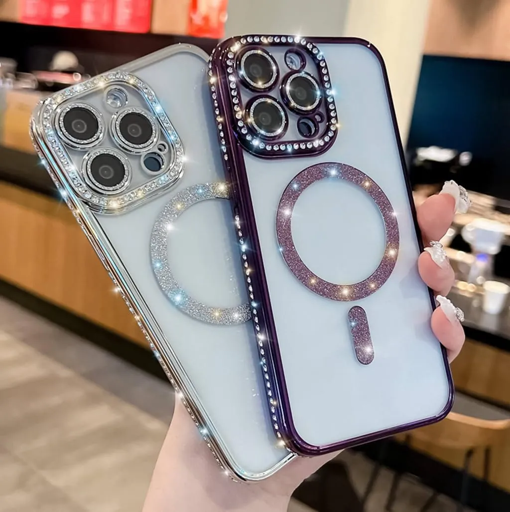 Cute for iPhone 12 Pro Max Magnetic Glitter Case,Luxury Bling Rhinestone Diamond Plated Bumper Case,Compatible with MagSafe, Sparkle Camera Lens Protection Clear Cover for Women Girls(Purple)