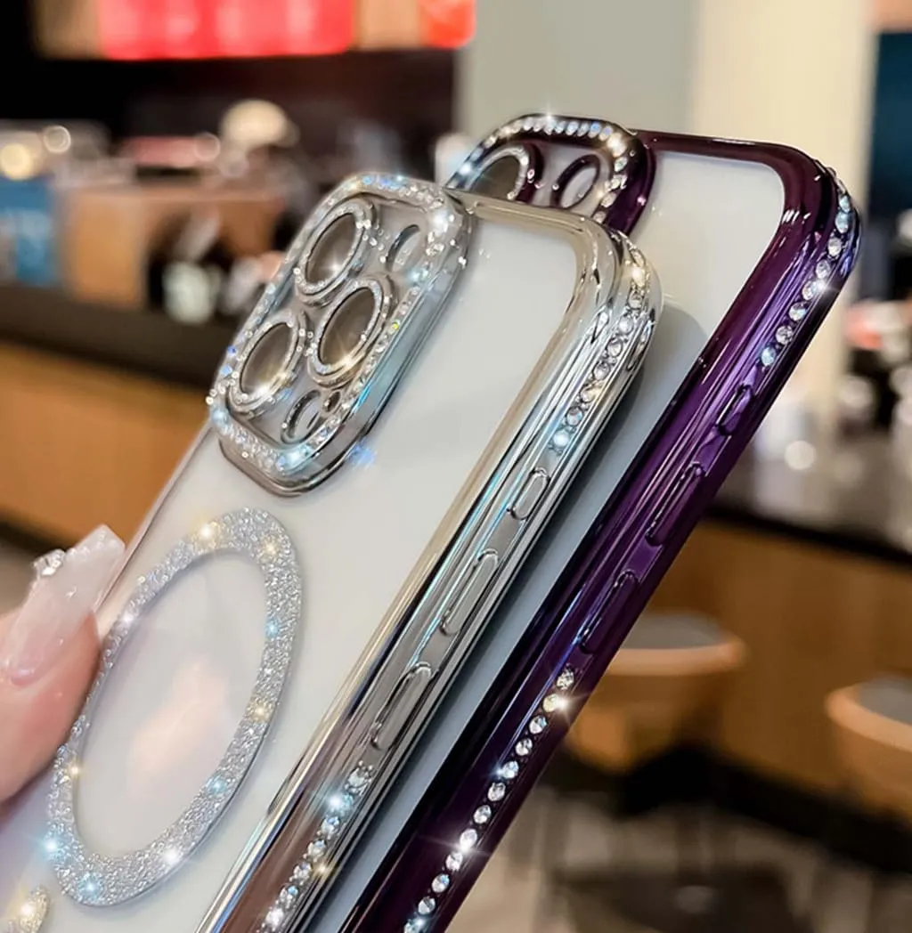 Cute for iPhone 12 Pro Max Magnetic Glitter Case,Luxury Bling Rhinestone Diamond Plated Bumper Case,Compatible with MagSafe, Sparkle Camera Lens Protection Clear Cover for Women Girls(Purple)