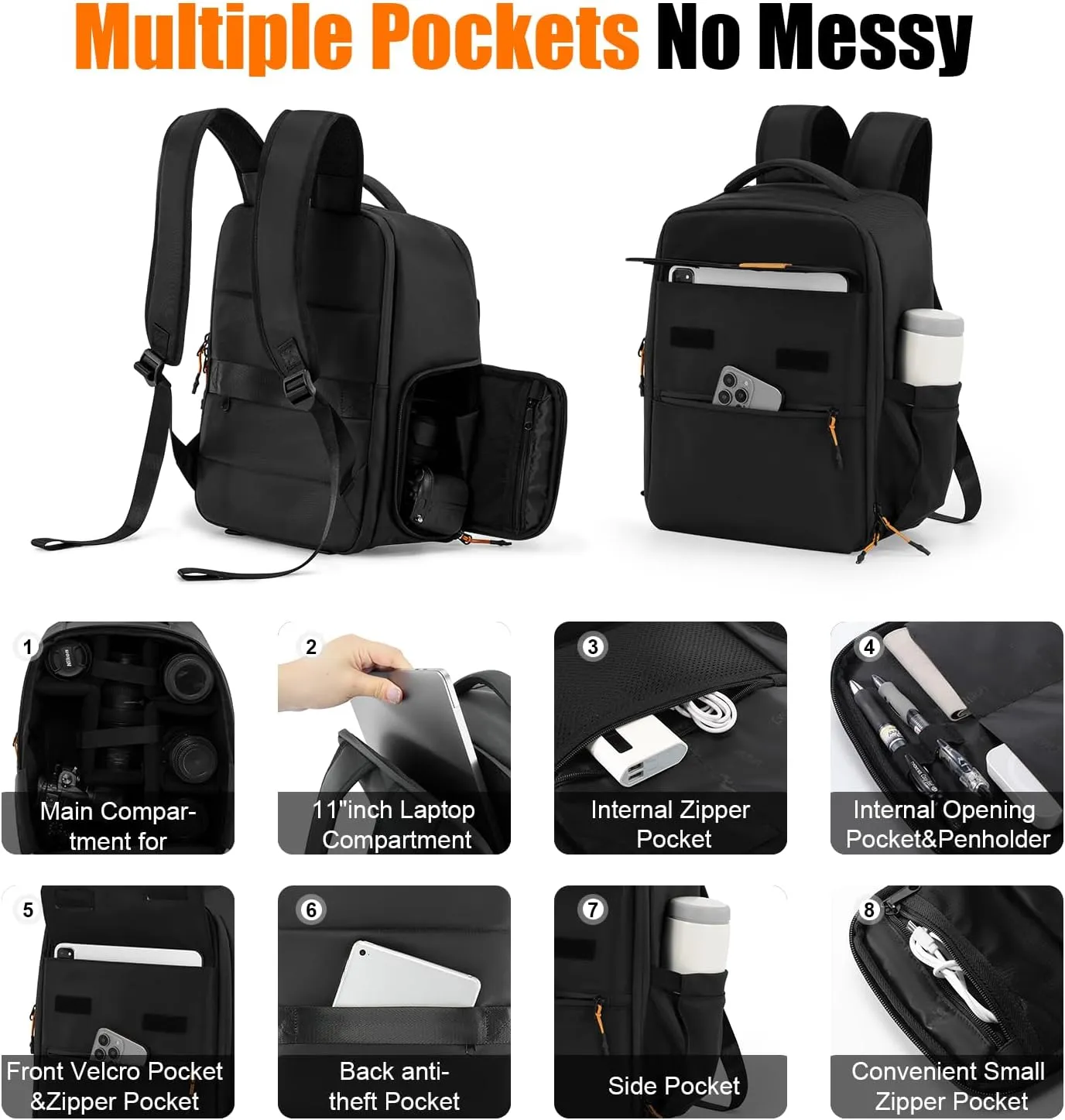 Cwatcun 420D Twill Material Camera Backpack with Tripod Holder, Laptop Compartment, Compact Travel Photography Bag Case for Canon Nikon Sony DSLR SLR Mirrorless Camera，and Lens Accessories, Black