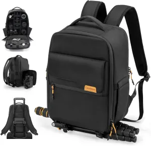 Cwatcun 420D Twill Material Camera Backpack with Tripod Holder, Laptop Compartment, Compact Travel Photography Bag Case for Canon Nikon Sony DSLR SLR Mirrorless Camera，and Lens Accessories, Black