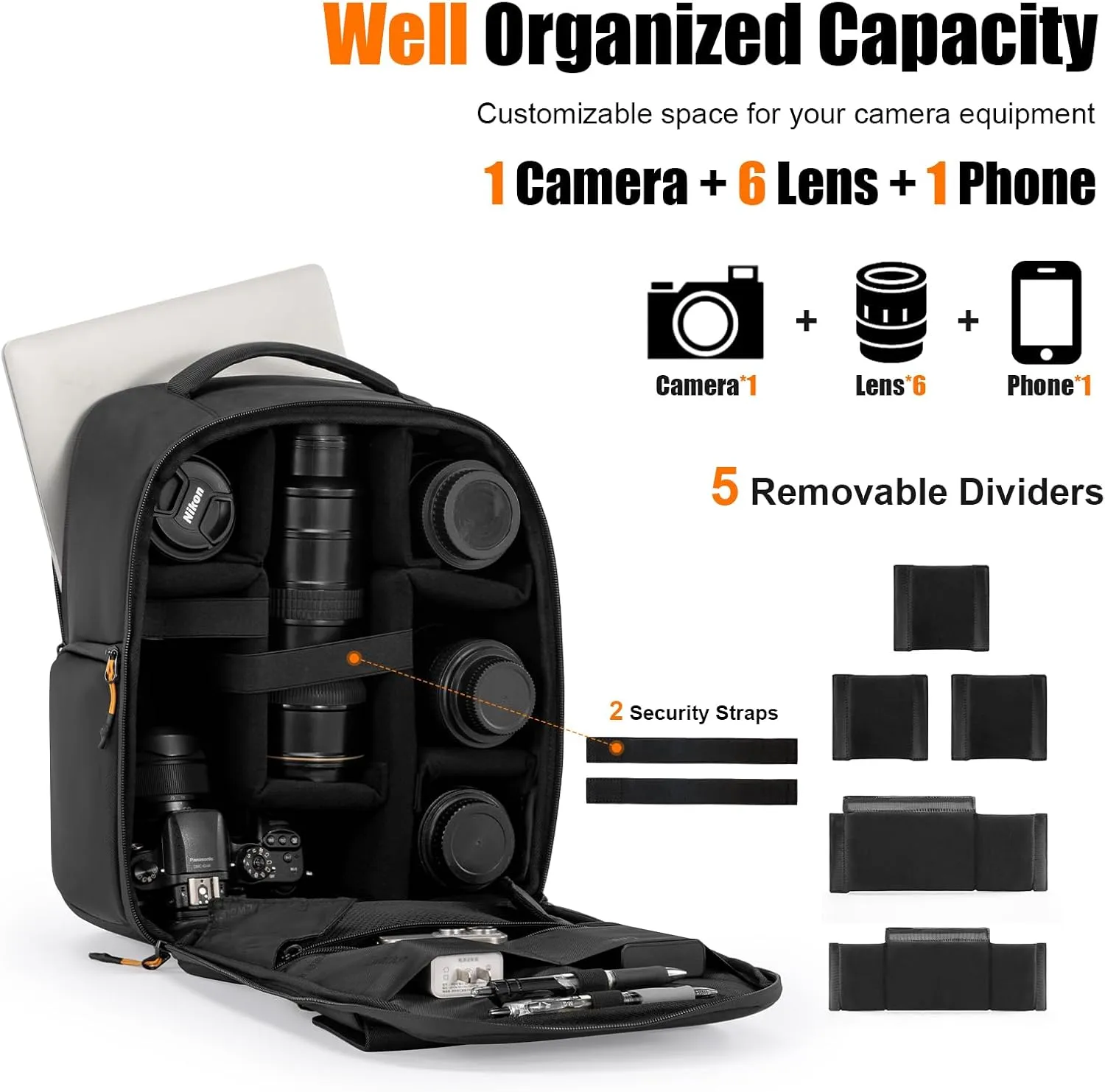 Cwatcun 420D Twill Material Camera Backpack with Tripod Holder, Laptop Compartment, Compact Travel Photography Bag Case for Canon Nikon Sony DSLR SLR Mirrorless Camera，and Lens Accessories, Black
