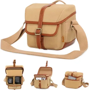 Cwatcun Canvas Camera Bag Small Purse Case with Leather Trim,Vintage Aesthetic Camera Shoulder Messenger Bag Crossbody Compatible for Nikon, Canon,Sony Fuji DSLR/SLR Mirrorless Camera and Lenses,Khaki