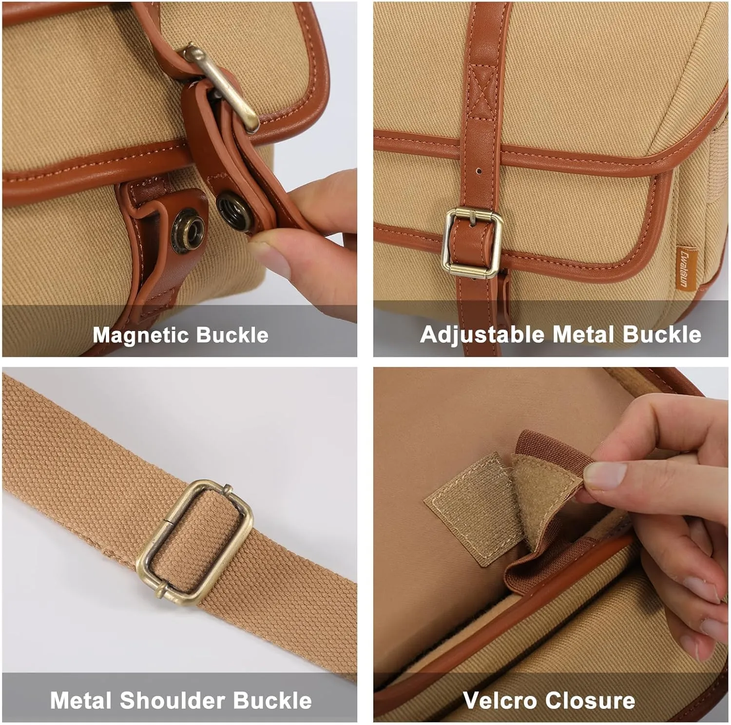 Cwatcun Canvas Camera Bag Small Purse Case with Leather Trim,Vintage Aesthetic Camera Shoulder Messenger Bag Crossbody Compatible for Nikon, Canon,Sony Fuji DSLR/SLR Mirrorless Camera and Lenses,Khaki