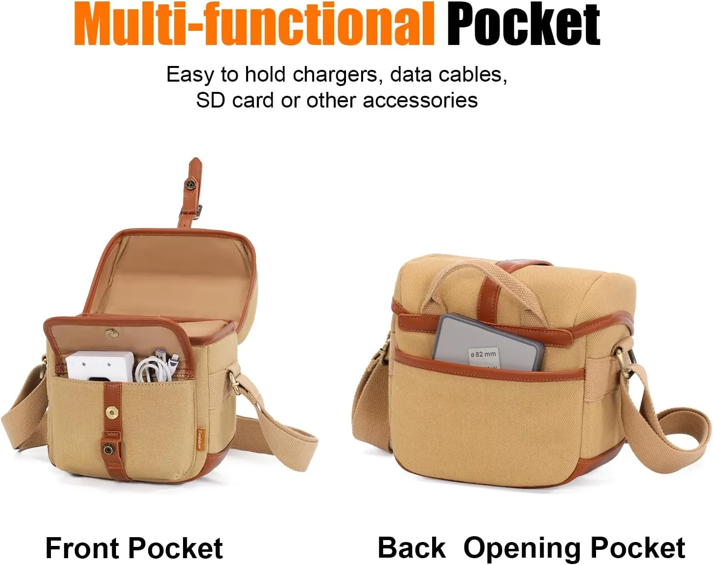 Cwatcun Canvas Camera Bag Small Purse Case with Leather Trim,Vintage Aesthetic Camera Shoulder Messenger Bag Crossbody Compatible for Nikon, Canon,Sony Fuji DSLR/SLR Mirrorless Camera and Lenses,Khaki