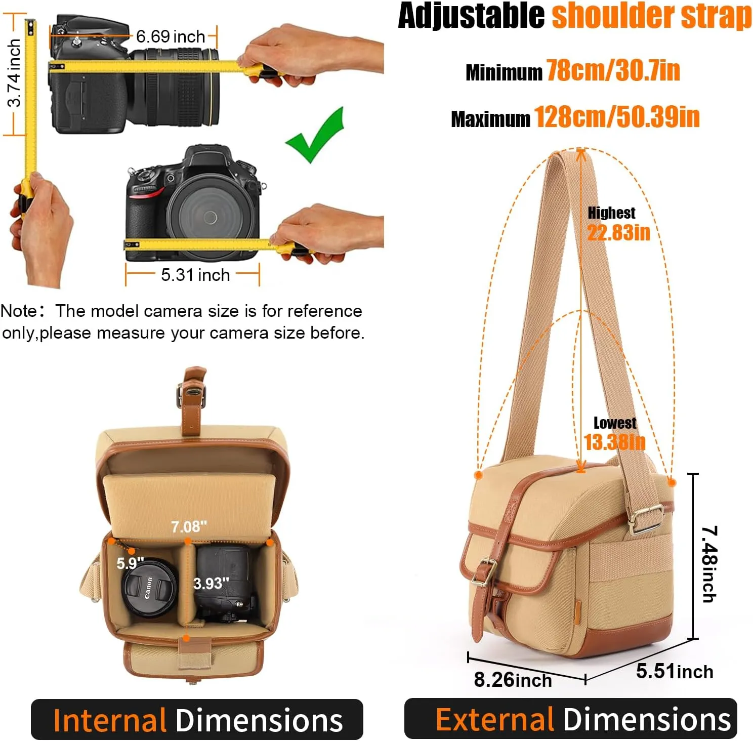 Cwatcun Canvas Camera Bag Small Purse Case with Leather Trim,Vintage Aesthetic Camera Shoulder Messenger Bag Crossbody Compatible for Nikon, Canon,Sony Fuji DSLR/SLR Mirrorless Camera and Lenses,Khaki