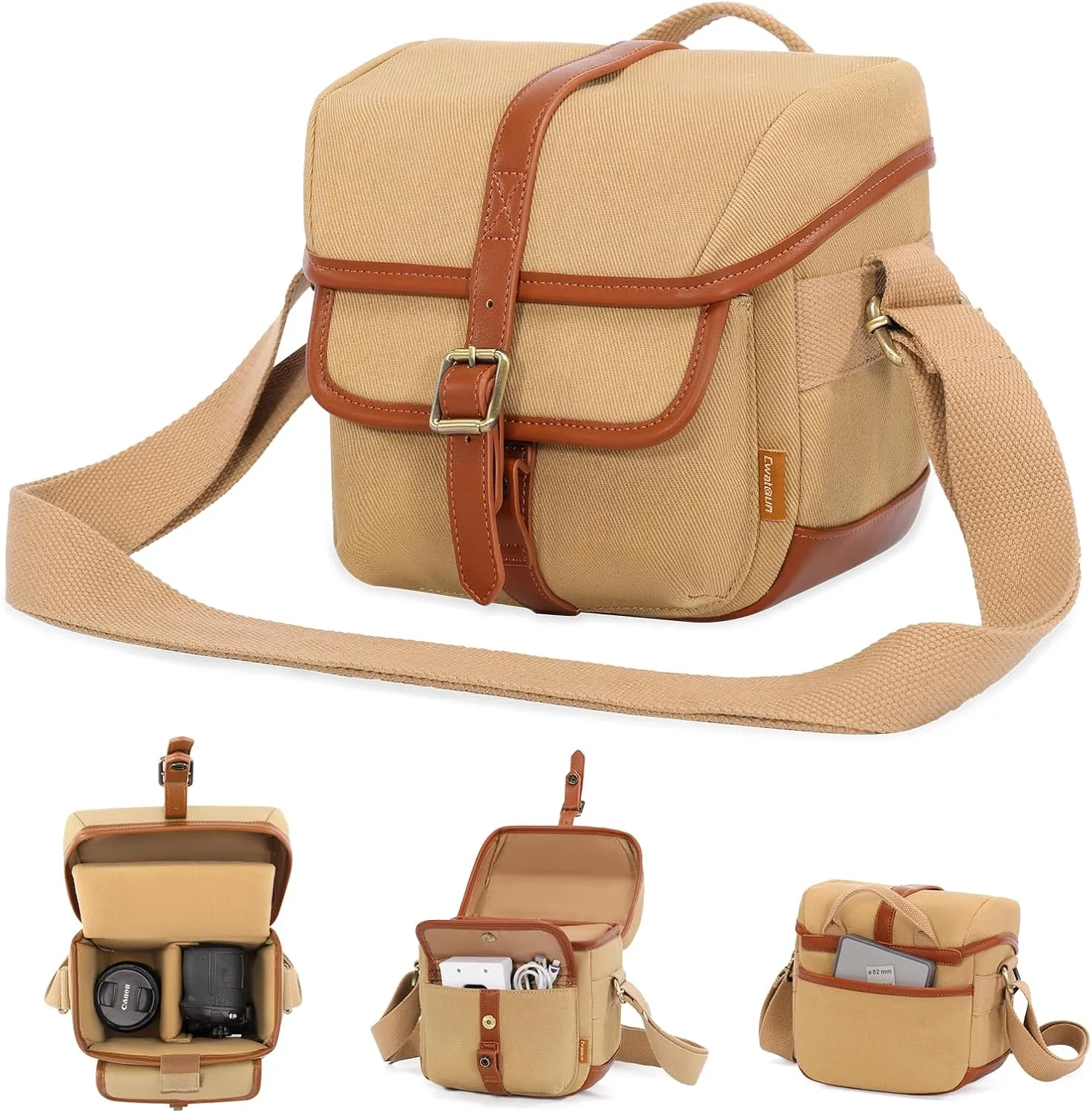 Cwatcun Canvas Camera Bag Small Purse Case with Leather Trim,Vintage Aesthetic Camera Shoulder Messenger Bag Crossbody Compatible for Nikon, Canon,Sony Fuji DSLR/SLR Mirrorless Camera and Lenses,Khaki