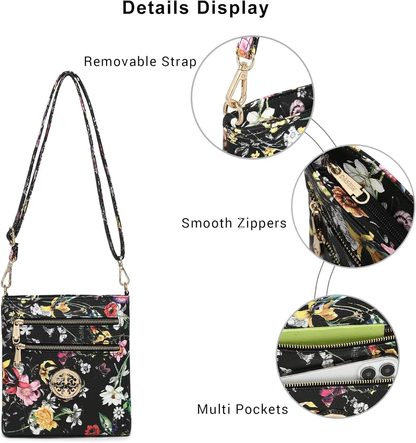 Dasein Women Small Crossbody Bag Lightweight Shoulder Purses Multi Zipper Pockets Phone Purse Handbag