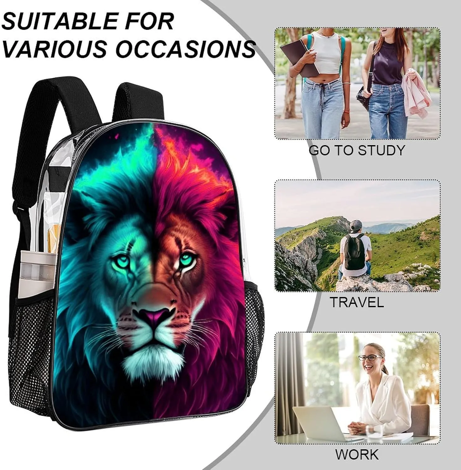 Daypack Anti-Theft Multipurpose Large Capacity Shoulder Bag - Cool Lion Blue And Red Fire Surreal Style Art Travel Hiking & Camping Rucksack Transparent Bag