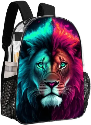 Daypack Anti-Theft Multipurpose Large Capacity Shoulder Bag - Cool Lion Blue And Red Fire Surreal Style Art Travel Hiking & Camping Rucksack Transparent Bag