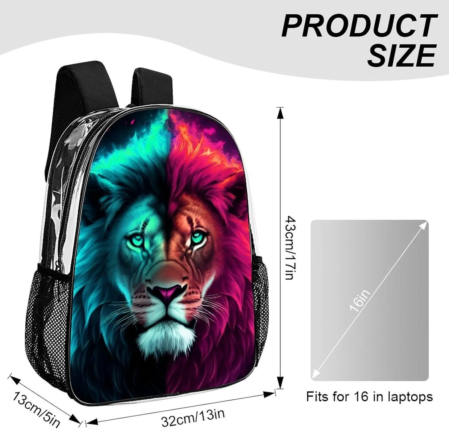 Daypack Anti-Theft Multipurpose Large Capacity Shoulder Bag - Cool Lion Blue And Red Fire Surreal Style Art Travel Hiking & Camping Rucksack Transparent Bag
