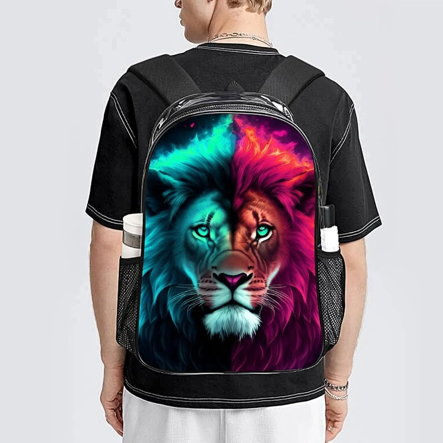 Daypack Anti-Theft Multipurpose Large Capacity Shoulder Bag - Cool Lion Blue And Red Fire Surreal Style Art Travel Hiking & Camping Rucksack Transparent Bag