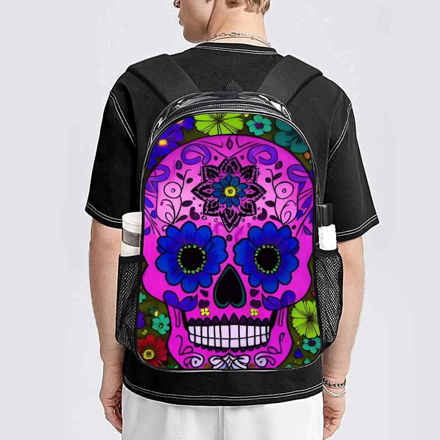 Daypack Backpack Anti-Theft Multipurpose Large Capacity Carry On Bag - Grunge Mexican Sugar Skulls Day Of The Dead Flowers Art Traveling & Camping Backpack Transparent Bag