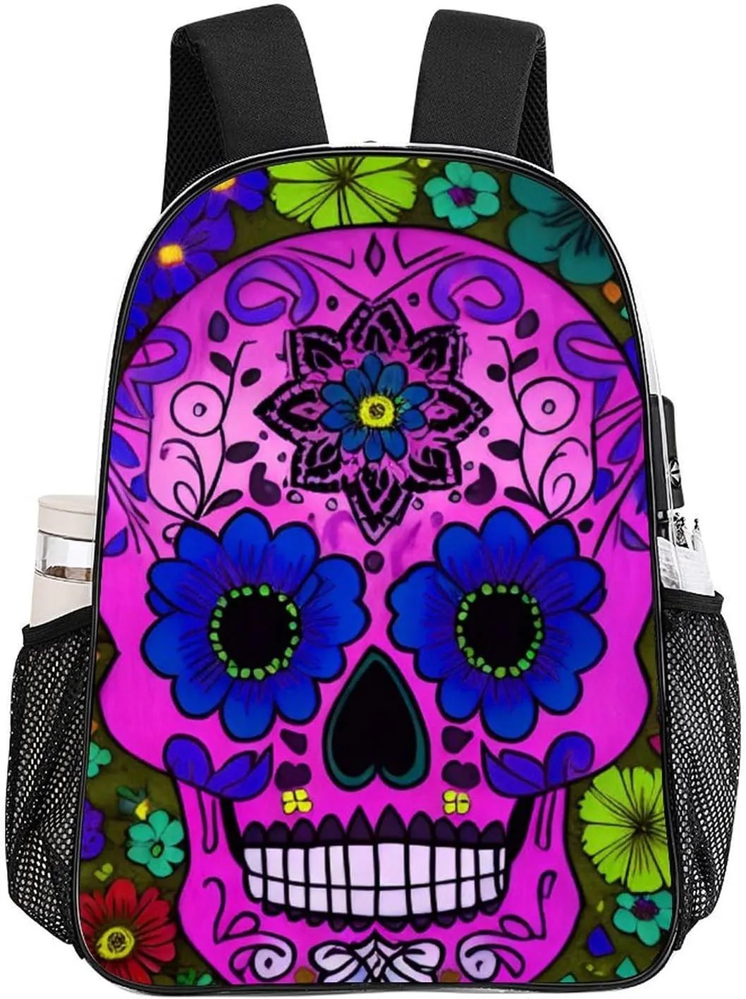 Daypack Backpack Anti-Theft Multipurpose Large Capacity Carry On Bag - Grunge Mexican Sugar Skulls Day Of The Dead Flowers Art Traveling & Camping Backpack Transparent Bag
