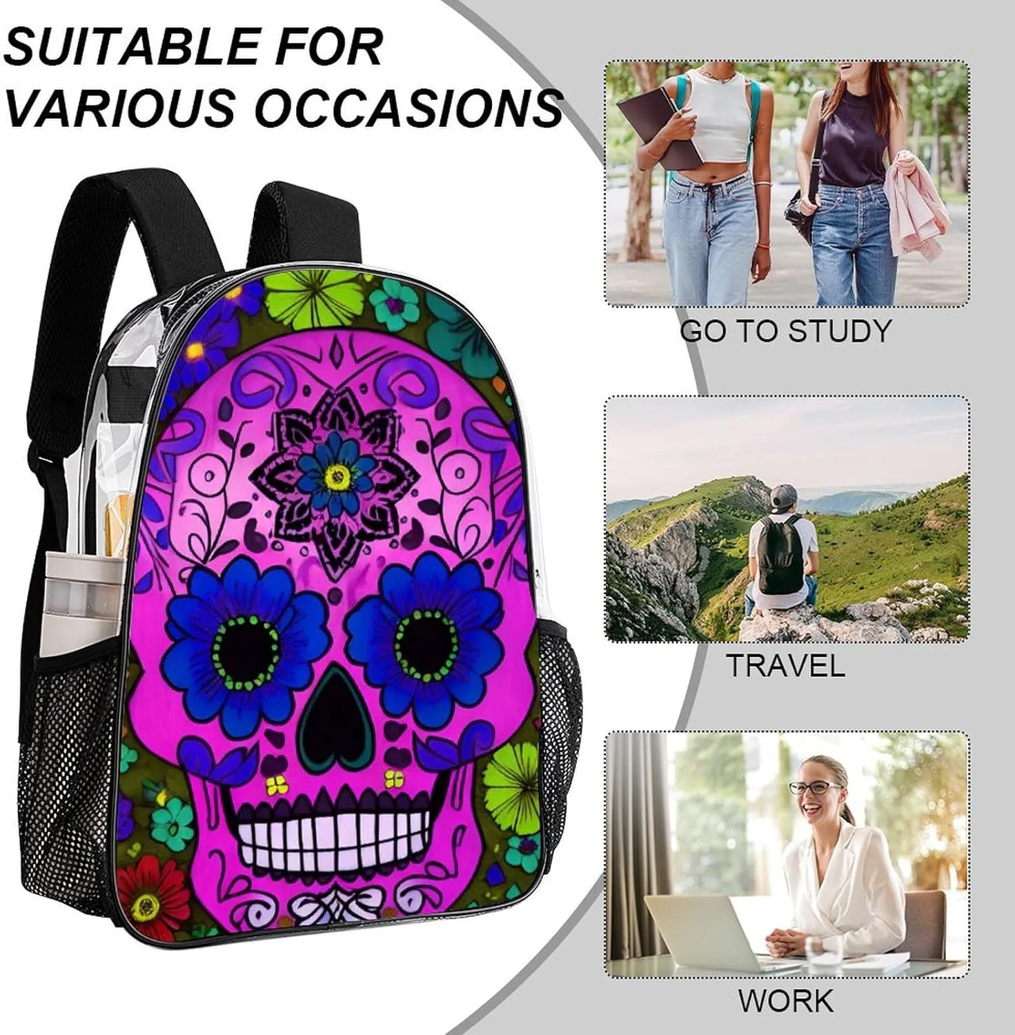 Daypack Backpack Anti-Theft Multipurpose Large Capacity Carry On Bag - Grunge Mexican Sugar Skulls Day Of The Dead Flowers Art Traveling & Camping Backpack Transparent Bag