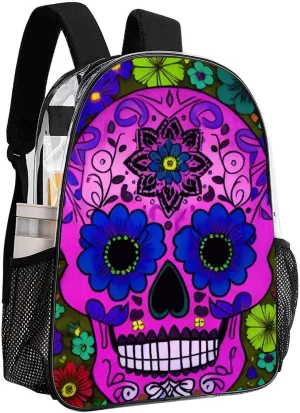 Daypack Backpack Anti-Theft Multipurpose Large Capacity Carry On Bag - Grunge Mexican Sugar Skulls Day Of The Dead Flowers Art Traveling & Camping Backpack Transparent Bag