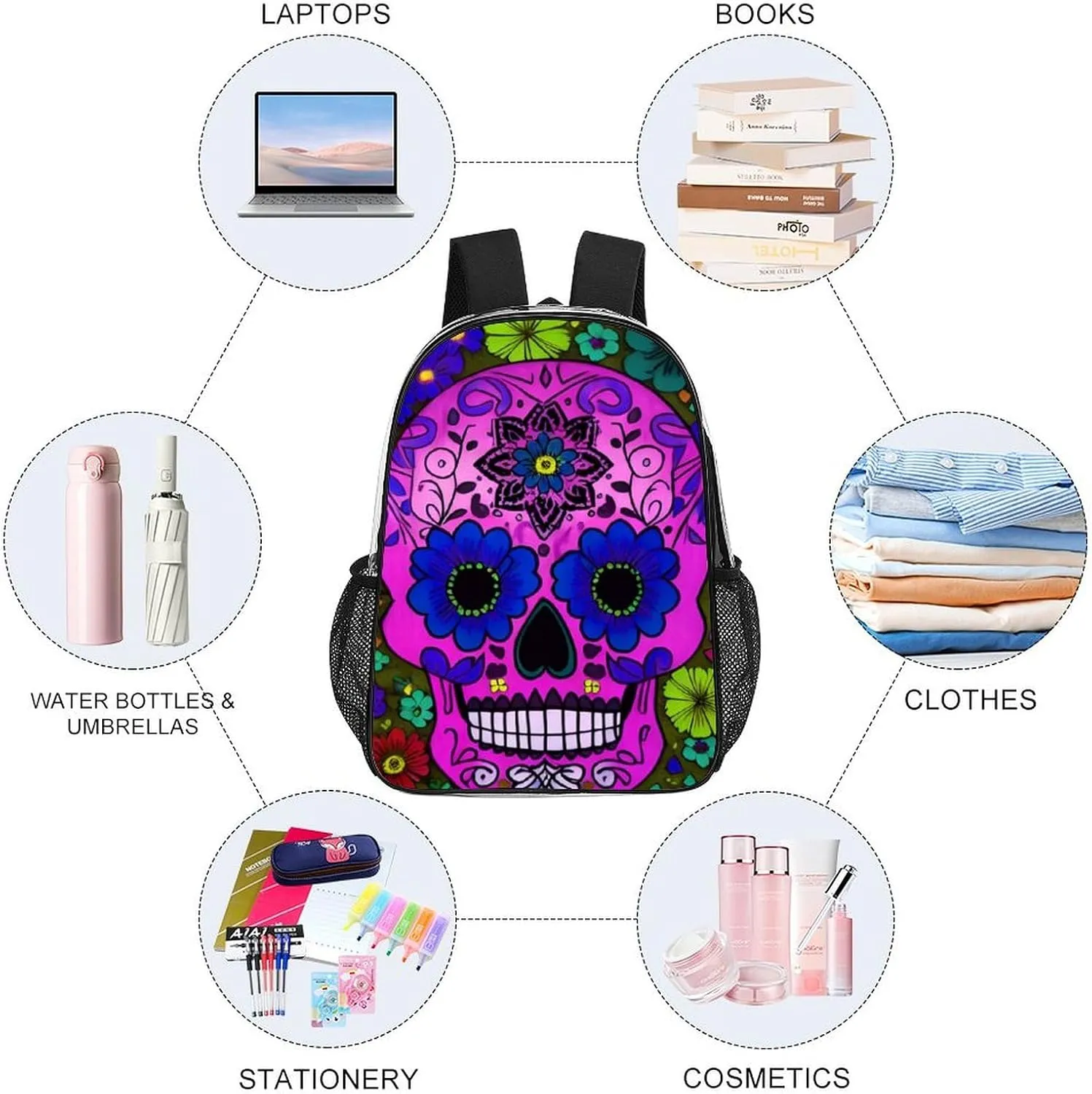 Daypack Backpack Anti-Theft Multipurpose Large Capacity Carry On Bag - Grunge Mexican Sugar Skulls Day Of The Dead Flowers Art Traveling & Camping Backpack Transparent Bag