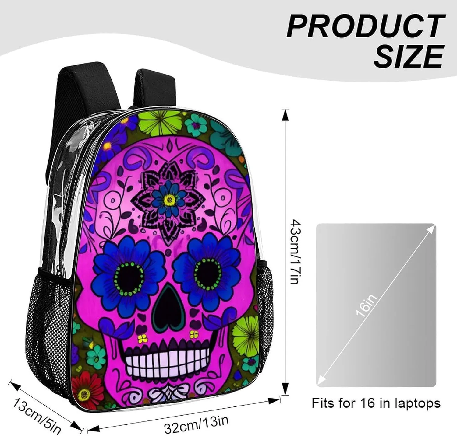 Daypack Backpack Anti-Theft Multipurpose Large Capacity Carry On Bag - Grunge Mexican Sugar Skulls Day Of The Dead Flowers Art Traveling & Camping Backpack Transparent Bag