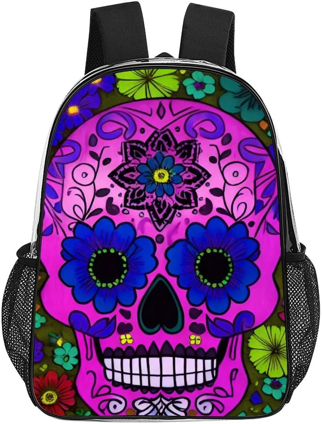 Daypack Backpack Anti-Theft Multipurpose Large Capacity Carry On Bag - Grunge Mexican Sugar Skulls Day Of The Dead Flowers Art Traveling & Camping Backpack Transparent Bag
