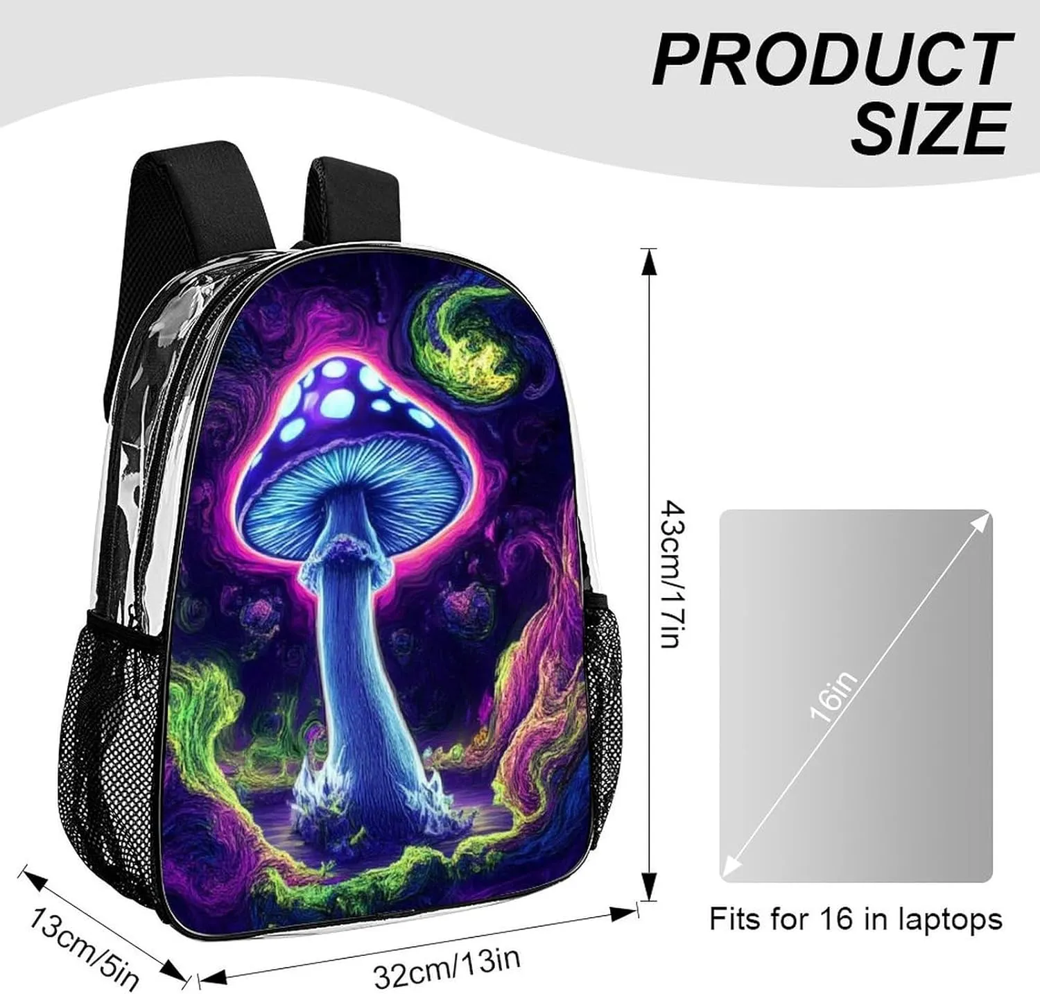 Daypack Bookbag Anti-Theft Multipurpose Large Capacity Bookbag - Trippy Mushrooms Purple Art Travel Hiking & Camping Rucksack Transparent Bag