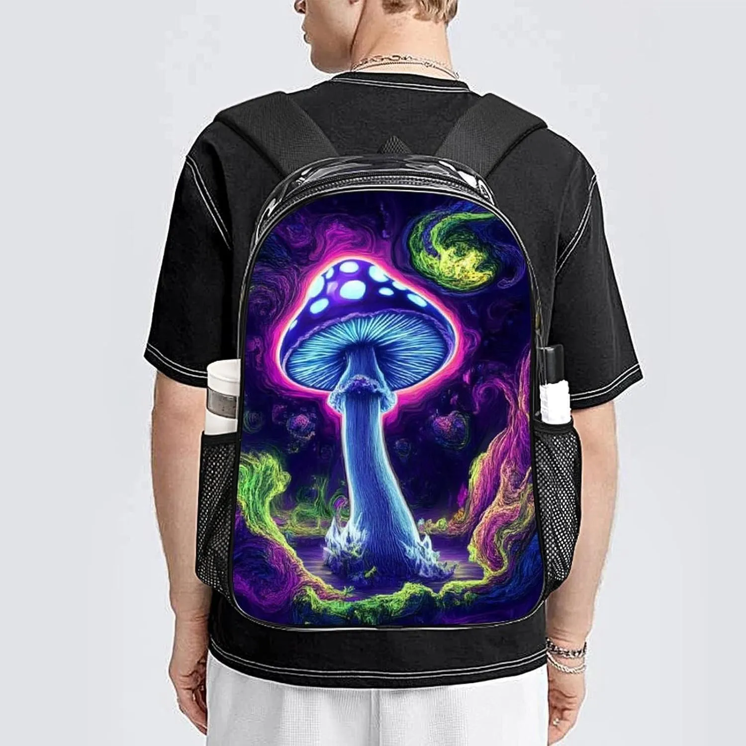 Daypack Bookbag Anti-Theft Multipurpose Large Capacity Bookbag - Trippy Mushrooms Purple Art Travel Hiking & Camping Rucksack Transparent Bag