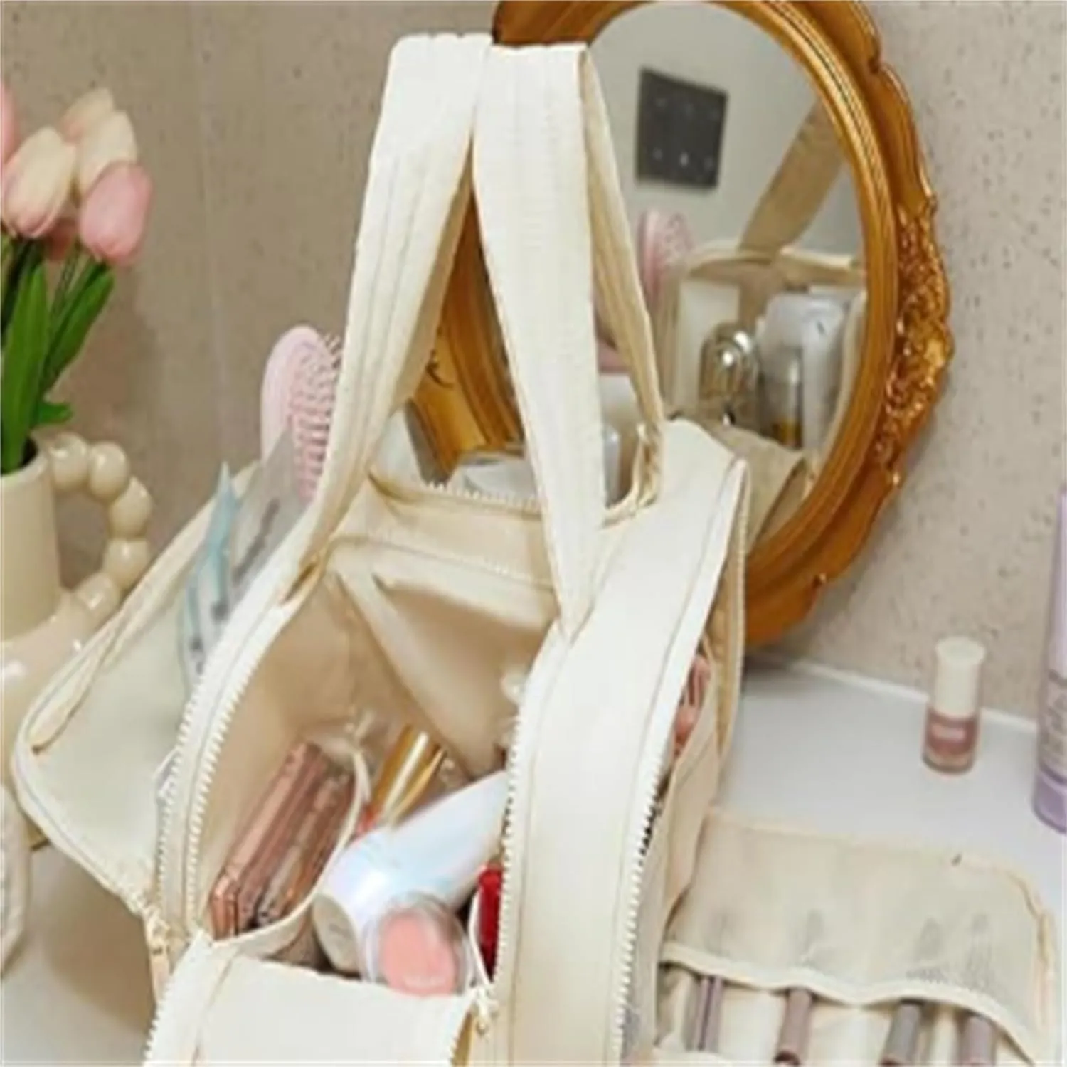 Decisive Makeup Bag, Curetoaway Travel Cosmetic Bag, Large Capacity Wide-Open Travel Cosmetic Bag for Women with 4 Compartments, Lightweight Waterproof, Multifunctional Bags (beige)