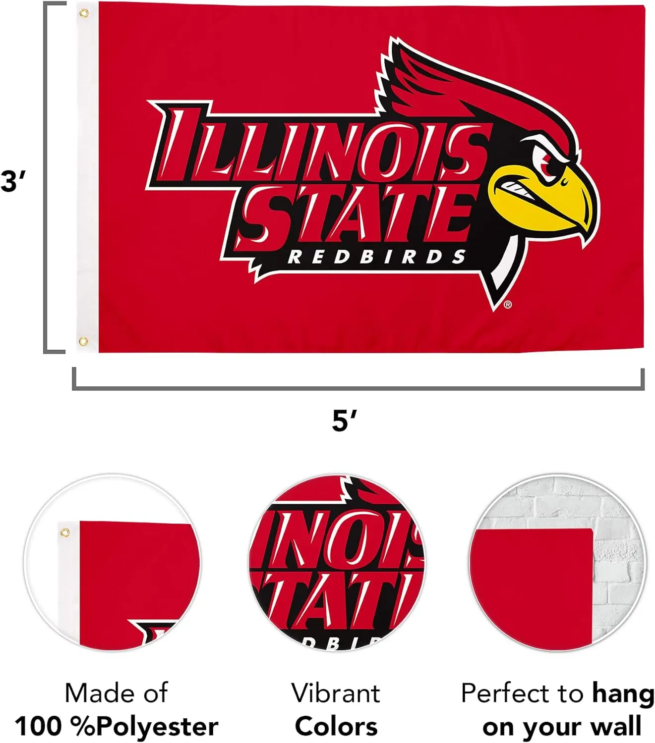 Desert Cactus Illinois State University ISU Flag - 3 x 5 Feet Redbirds Banner, Indoor/Outdoor Durable Fabric, 100% Polyester Design (Style 1)