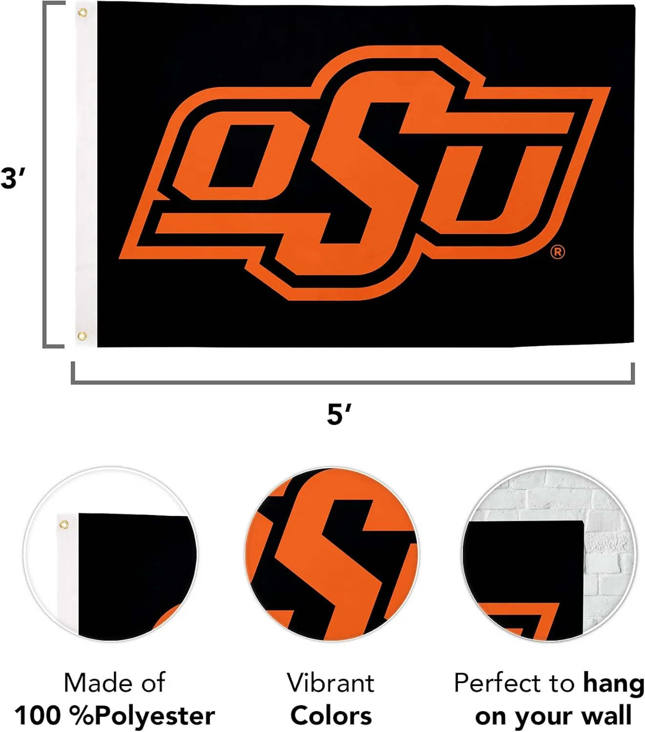 Desert Cactus Oklahoma State University OSU Flag - 3 x 5 Feet Cowboys Banner, Indoor/Outdoor Durable Fabric, 100% Polyester Design (Style 3)