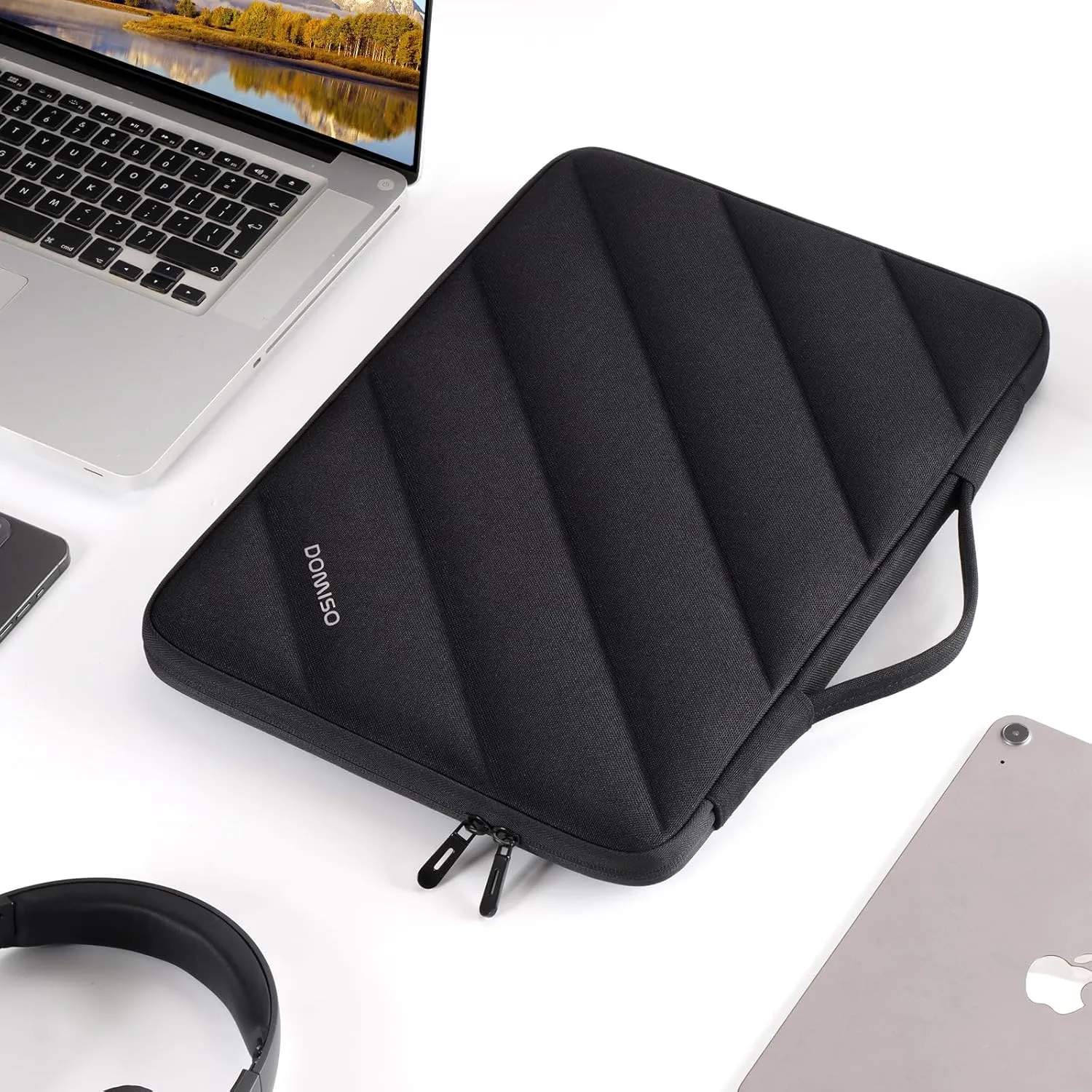 DOMISO 15.6 inch Laptop Sleeve Bag Shockproof Protective Carrying Case Water-Resistant Stripe Pattern Handbag with Handle Compatible with MacBook/HP/Dell,Black